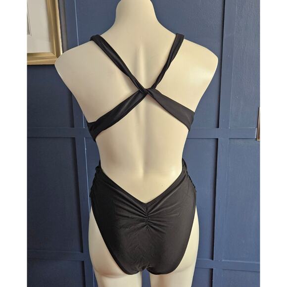 Bella Valentina LA Cut Out Cross Back Deep V Neck Ruched High Cut Swimsuit sz M - Picture 2 of 4